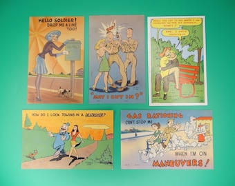 Vintage WWII Linen Unposted Postcard Lot Of 5 World War 2 WW2 US Army Comics