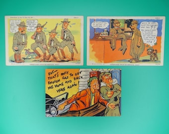 Vintage WWII Linen Unposted Postcard Lot Of 3 World War 2 WW2 US Army Comics