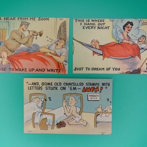 Cartão postal vintage de linho não publicado da segunda guerra mundial, lote de 3 histórias em quadrinhos do exército dos EUA da segunda guerra mundial, humorísticas