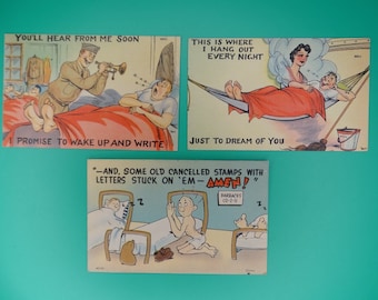 Vintage WWII Linen Unposted Postcard Lot Of 3 WW2 US Army Comics Humorous