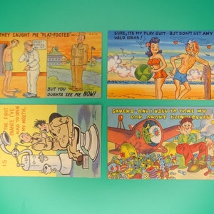 Vintage WWII Leinen Postkarte Lot von 4 Weltkrieg 2 WW2 US Army Comics Humorvoll
