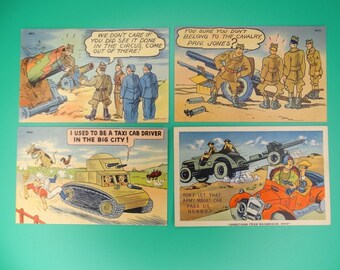 Vintage WWII Linen Unposted Postcard Lot Of 4 WW2 US Army Comics Funny