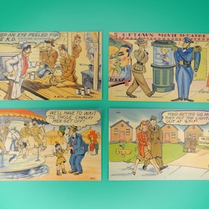 Cartão postal de linho vintage da segunda guerra mundial, lote de 4 quadrinhos do exército dos EUA da 2ª Guerra Mundial, humorísticos