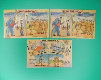 Vintage WWII Linen Unposted Postcard Lot Of 3 WW2 US Army Comics Camp Snapshots