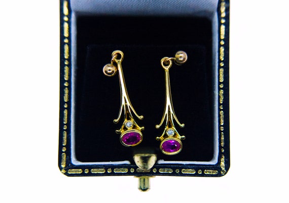 9ct Gold Ruby & Diamond Drop Earrings - image 8