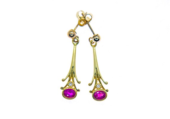 9ct Gold Ruby & Diamond Drop Earrings - image 2