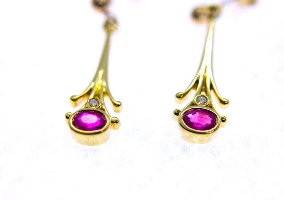 9ct Gold Ruby & Diamond Drop Earrings - image 1