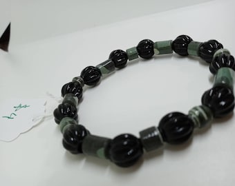 Men's Black Leather Bead Bracelet Black Camo Stone Gemstone Beads handmade USA 