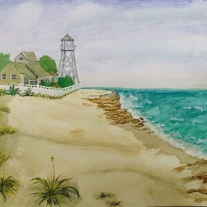 May include: Watercolor painting of a beach scene with a white lighthouse, a house, and a white picket fence. The beach is sandy with green grass and a blue ocean in the background.