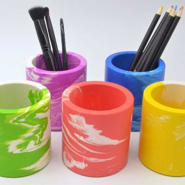 Colourful Pen Pot in Bright Red, Blue, Green, Yellow or Purple Stone and White Marbling