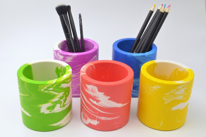 Colourful Pen Pot in Bright Red, Blue, Green, Yellow or Purple Stone and White Marbling image 1