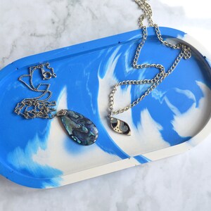 Oval Trinket Tray / Ring Dish for Keys, Glasses, Jewellery, Coins in Blue & White Marbling. Eco-Resin Jesmonite image 2