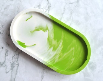 Trinket Tray, Valet Tray, Vanity Tray in Green White Marbling, Eco-Resin Jesmonite