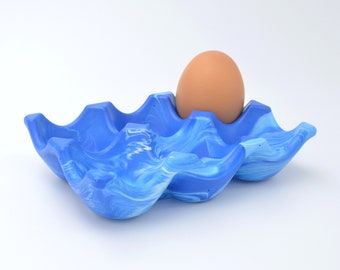 Egg Holder for Six Eggs, Blue and White Marbled Jesmonite, Stone Concrete Alternative