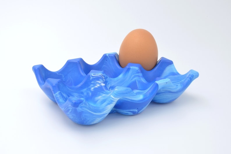 Egg Holder for Six Eggs, Blue and White Marbled Jesmonite, Stone Concrete Alternative image 1