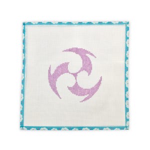 May include: Square needlepoint canvas featuring a light purple spiral design on a white background. The canvas is bordered with a turquoise ribbon and a white scalloped edge. The design is centered on the canvas.
