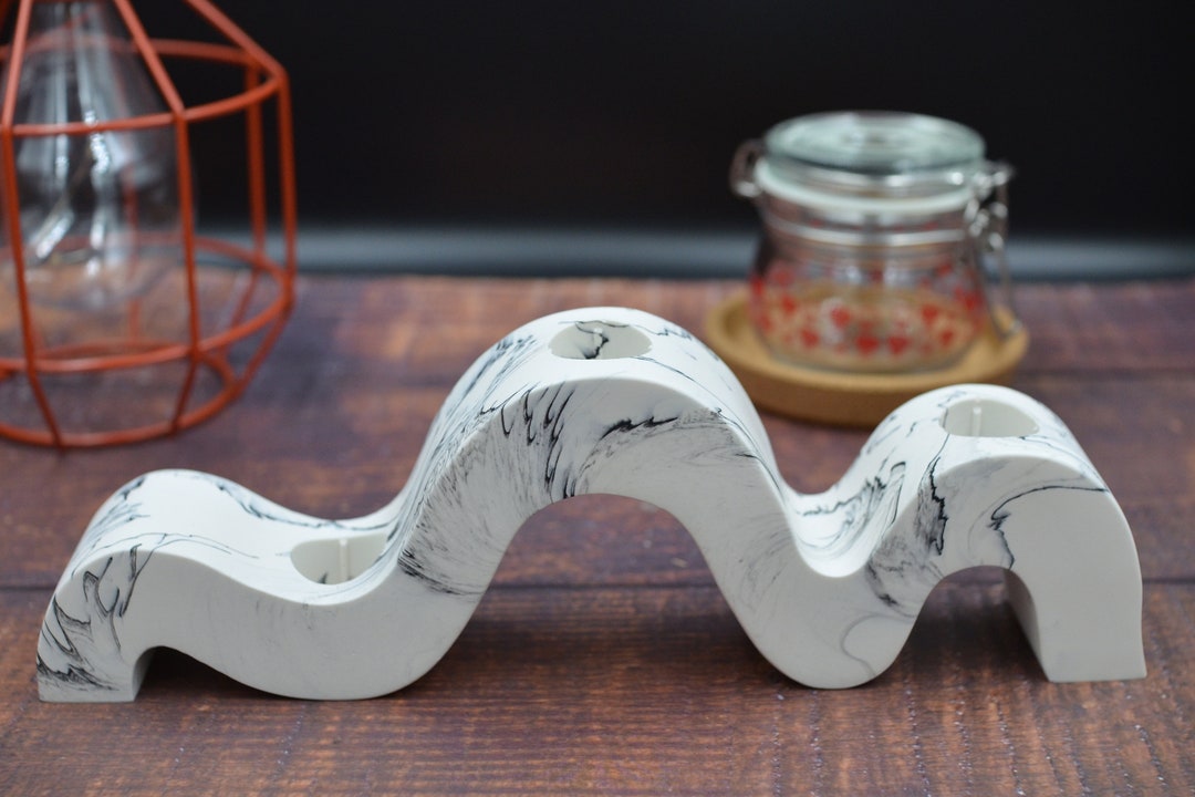 Wiggle Candle Holder, Black on White, Wave Squiggle Design, Jesmonite
