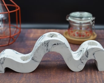 Wiggle Candle Holder, Black on White, Wave Squiggle Design,  Jesmonite Stone Concrete Alternative