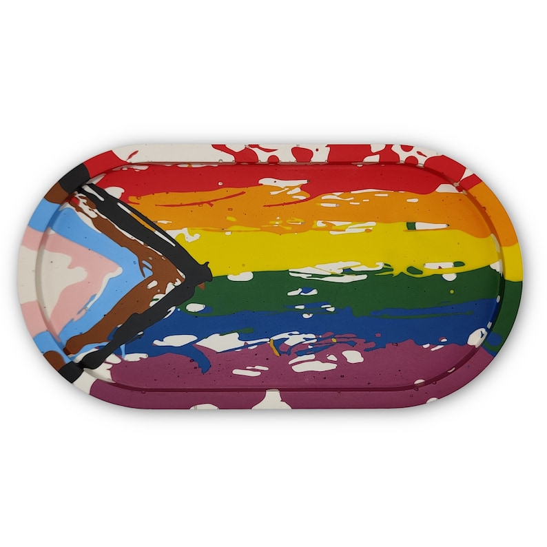 Progress Pride Flag Trinket Tray LGBTQIA Gay Trans Ally Gift Storage Organiser for Keys, Glasses, Coins, Jewellery, Vanity Tabletop White