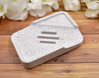 Rectangular Soap Dish with Drainage | Square Shower Bar | White Concrete Jesmonite Silver Grey Granite Sparkle