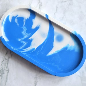 Oval Trinket Tray / Ring Dish for Keys, Glasses, Jewellery, Coins in Blue & White Marbling. Eco-Resin Jesmonite image 1