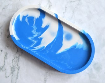 Oval Trinket Tray / Ring Dish for Keys, Glasses, Jewellery, Coins in Blue & White Marbling. Eco-Resin Jesmonite