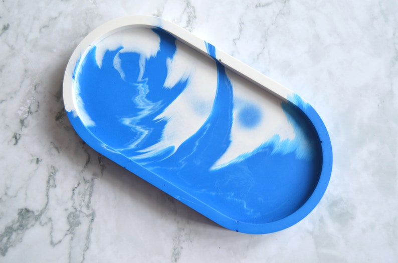 Oval Trinket Tray / Ring Dish for Keys, Glasses, Jewellery, Coins in Blue & White Marbling. Eco-Resin Jesmonite image 1