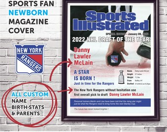 Newborn Custom Personalized Sports Magazine Cover | Print with Birth Stats | The Ultimate Gift for New York Rangers Hockey Fans