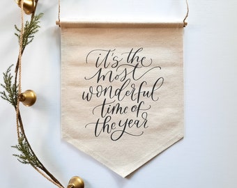 Wonderful Time Wall Hanging | Natural Cotton Canvas Shield Banner | Christmas Song Quote Lyrics | Calligraphy Tapestry | Christmas Decor