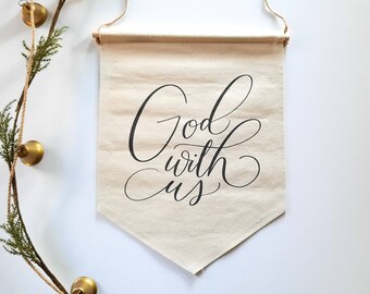 God With Us Wall Hanging | Natural Cotton Canvas Shield Banner | Christian Hymn Quote | Religious Quote | Calligraphy Tapestry Decor