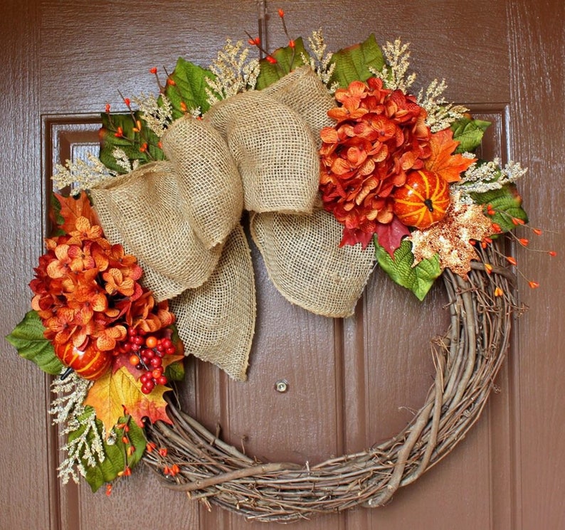 Fall Wreath Grapevine Wreth Fall Burlap Fall Hydrangea Etsy
