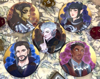 May include: Five 2.5 inch diameter button pins featuring fantasy characters. The pins are round and have a glossy finish. The characters are depicted in a colorful style with intricate details. The pins are perfect for adding a touch of whimsy to your backpack, jacket, or bag.