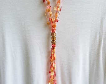 Skinny yarn necklace*Orange skinny butterfly yarn necklace with beads*scarf necklace*boho necklace*Art necklace*pendant scarf*Scarf necklace