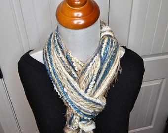 Skinny handknotted Bohemian style denim yarn scarf in blues, creams, and browns*Lightweight ribbon art necklace*Blue jean spring scarf