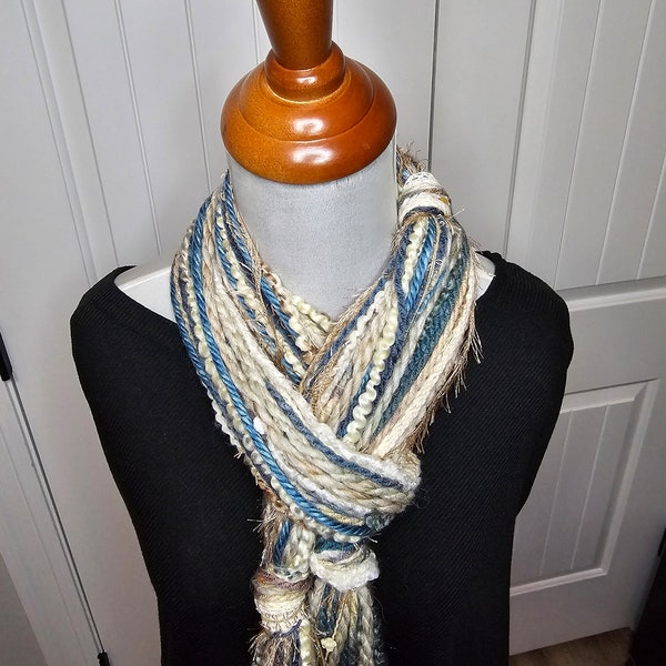 Skinny handknotted Bohemian style denim yarn scarf in blues, creams, and browns*Lightweight ribbon art necklace*Blue jean spring scarf