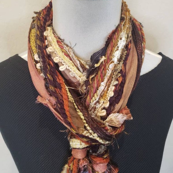 Earth tone Gold and Brown skinny yarn scarf*Bohemian style thin knotted ribbon necklace*Skinny scarf*Gift for her*Hostess gift*Women's scarf