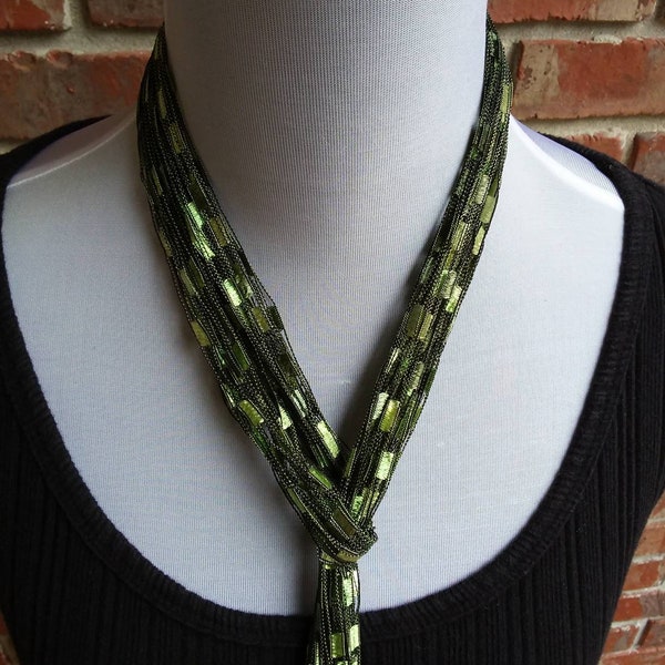 Emerald Green summer ribbon scarf*Knotted sleek yarn necklace*Spring lightweight art scarf*Thin Gypsy Boho yarn scarf necklace*Fringe scarf