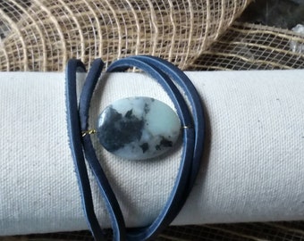 Black and white raw natural stone and double strapped leather bracelet
