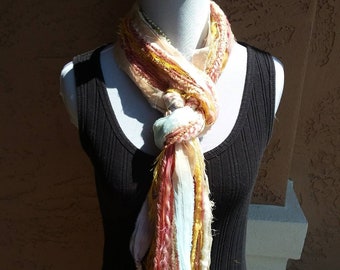 Pastel skinny yarn, ribbon, and soft Sari silk scarf*Sherbet color yarn scarf*Thin, fuzzy, and lightweight fringe scarf*Knotted art scarf