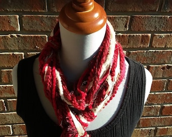 Red Boho Yarn Scarf: Festival Fringe, Handknotted Ribbon