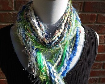 Boho Fringe Yarn Scarf: Hand-Knotted Blue & Green Art Necklace