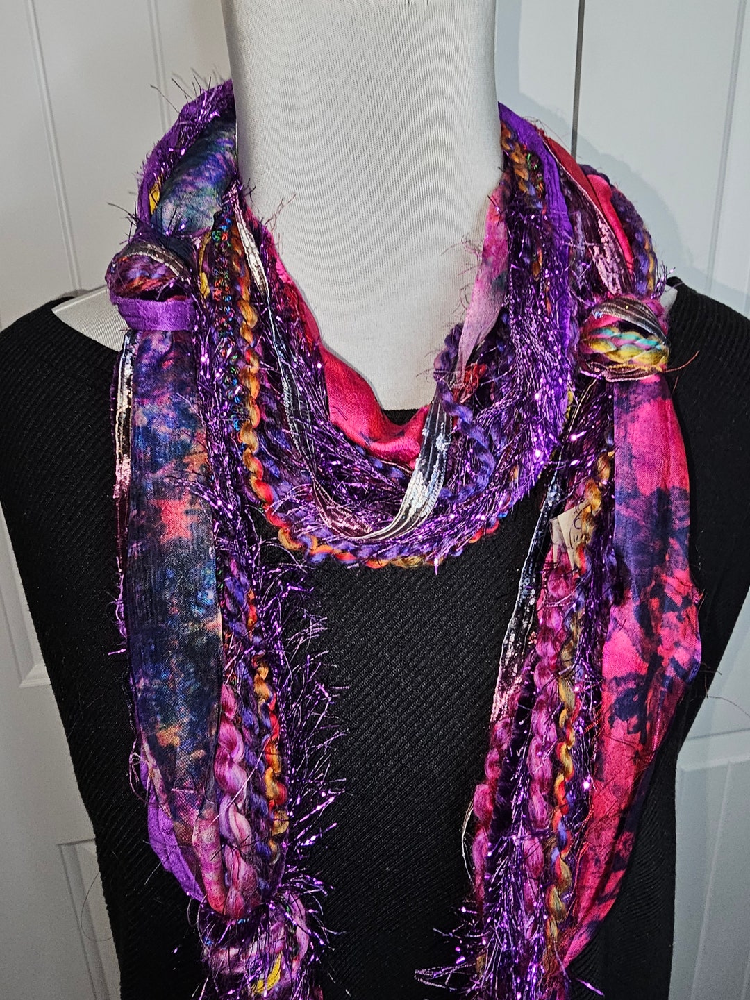 Rose Violet, Purple, & Pink Skinny Hand Knotted Fuzzy Textured Yarn ...