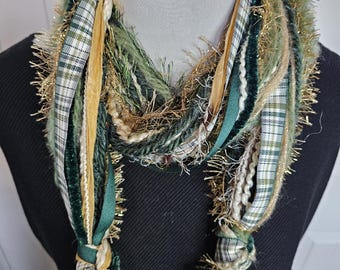 Green & Gold Yarn Scarf: Boho Knotted Art Necklace
