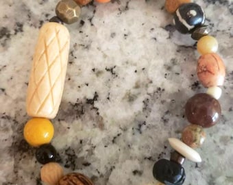 Rustic Carved Wood Beaded Bracelet: Mustard, Rust, Clay & Glass