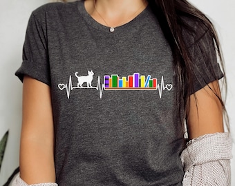 Cat Book Lover Shirt, Women Bibliophile Reading T-Shirt