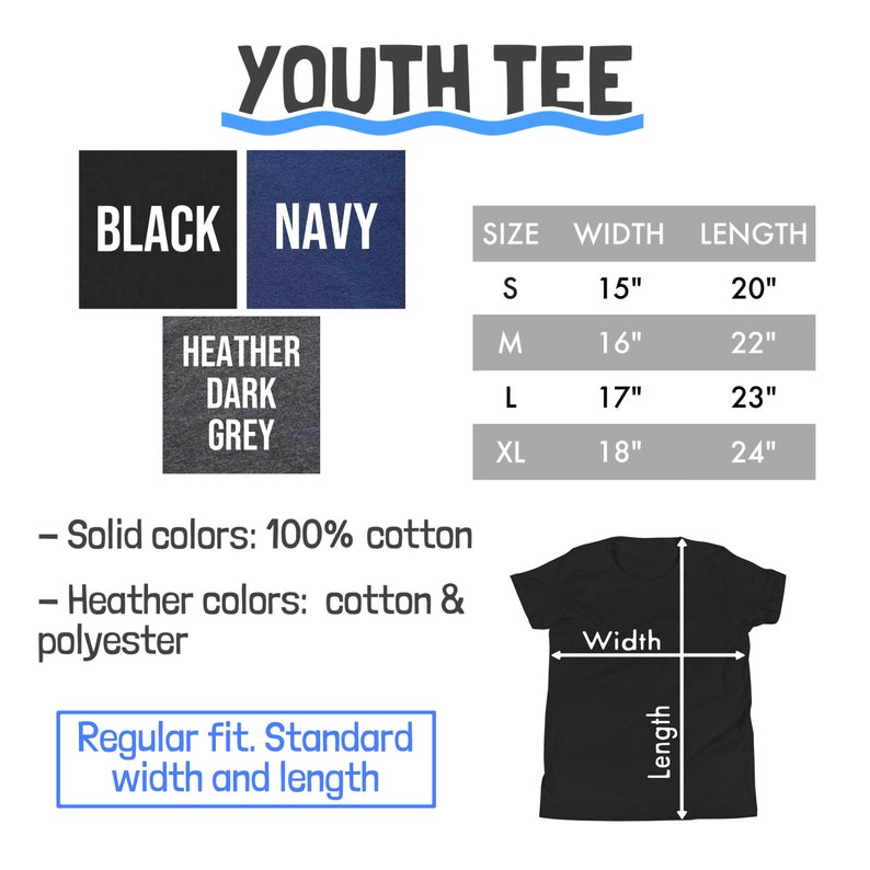 Puede incluir: Tabla de tallas para camiseta juvenil con medidas en pulgadas. La tabla muestra las tallas S, M, L y XL con las medidas de ancho y largo correspondientes. La tabla tambi&eacute;n muestra las opciones de color: negro, azul marino y gris oscuro jaspeado. El texto indica que los colores s&oacute;lidos son 100% algod&oacute;n y los colores jaspeado son una mezcla de algod&oacute;n y poli&eacute;ster.