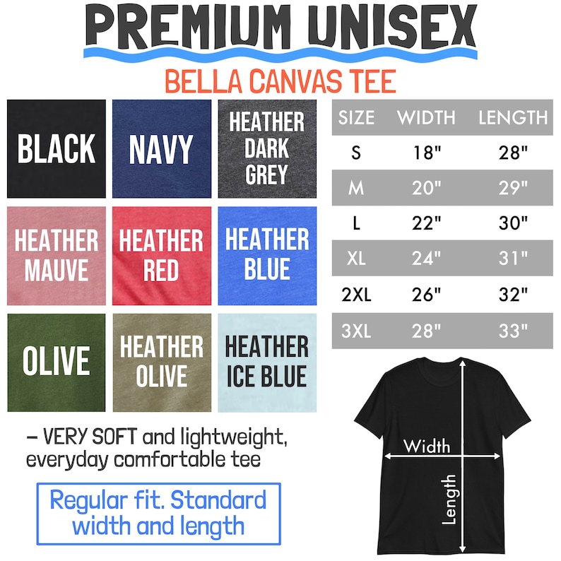 May include: A size chart for unisex t-shirts made by Bella Canvas. The chart shows the width and length measurements in inches for sizes S, M, L, XL, 2XL, and 3XL. The chart also shows the available colors: black, navy, heather dark grey, heather mauve, heather red, heather blue, olive, heather olive, and heather ice blue.