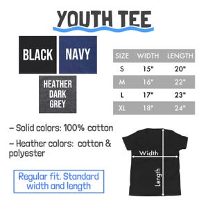 May include: Youth tee size chart with measurements in inches.  The chart shows sizes S, M, L, and XL with corresponding width and length measurements.  The chart also shows three color options: black, navy, and heather dark grey.  The text "Solid colors: 100% cotton" and "Heather colors: cotton & polyester" is shown below the chart.  A black t-shirt is shown with the words "Width" and "Length" labeled on the shirt.