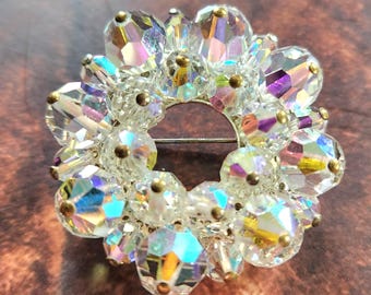 AB Crystal Wreath Brooch Faceted Sparkling Beads Vintage Mid Century Pin
