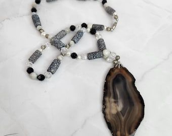 Vintage 1970's Agate Slice Necklace: Carved Bone Beads, 4-inch Pendant
